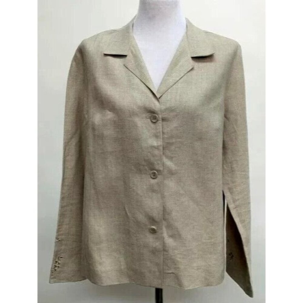 Rafaella Petites Womens Suit Beige Linen Embroidered Collared Button Classy 4P